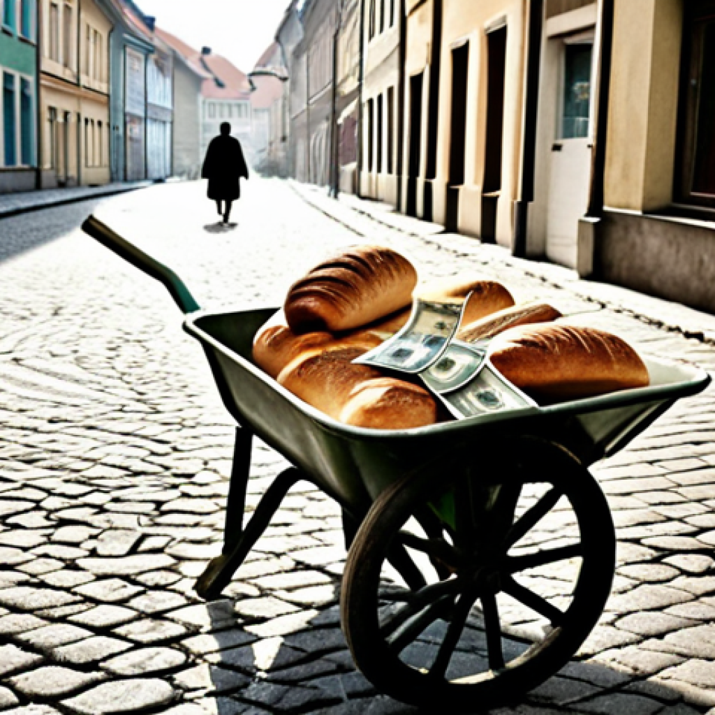 **Prompt:** A desolate, hyperinflation-era German street scene. A wheelbarrow overflows with worthless paper money as a family struggles to buy a loaf of bread. The atmosphere is one of despair and economic collapse.