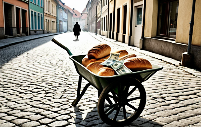 **Prompt:** A desolate, hyperinflation-era German street scene. A wheelbarrow overflows with worthless paper money as a family struggles to buy a loaf of bread. The atmosphere is one of despair and economic collapse.