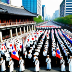 The March First Movement**

"A large crowd of Korean people, fully clothed in traditional Korean clothing, peacefully protesting in a city street, holding Korean flags, with historical buildings in the background, March First Movement, 1919, appropriate attire, safe for work, perfect anatomy, correct proportions, professional photography, high quality, family-friendly."

**