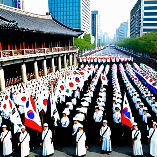The March First Movement**

"A large crowd of Korean people, fully clothed in traditional Korean clothing, peacefully protesting in a city street, holding Korean flags, with historical buildings in the background, March First Movement, 1919, appropriate attire, safe for work, perfect anatomy, correct proportions, professional photography, high quality, family-friendly."

**