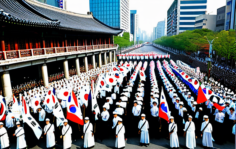 The March First Movement**

"A large crowd of Korean people, fully clothed in traditional Korean clothing, peacefully protesting in a city street, holding Korean flags, with historical buildings in the background, March First Movement, 1919, appropriate attire, safe for work, perfect anatomy, correct proportions, professional photography, high quality, family-friendly."

**