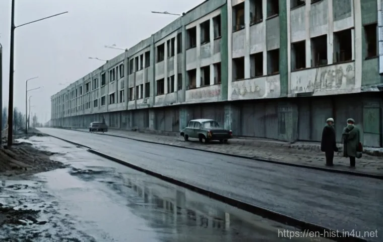 소련 해체와 러시아 역사 - The Weight of Stagnation: A Soviet Cityscape in the Late 1980s**

**Prompt:** A wide, cinematic shot...