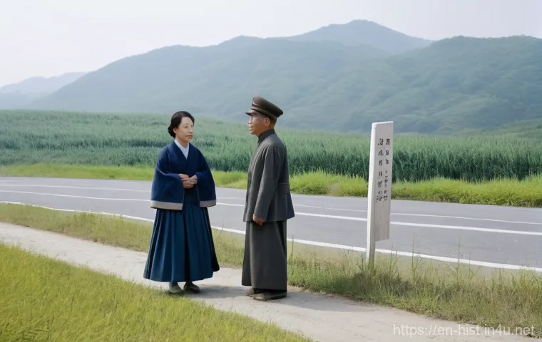 6 25 전쟁과 한반도 분단 - **Prompt:** A historical scene depicting Korean civilians, men and women of varying ages, standing s...