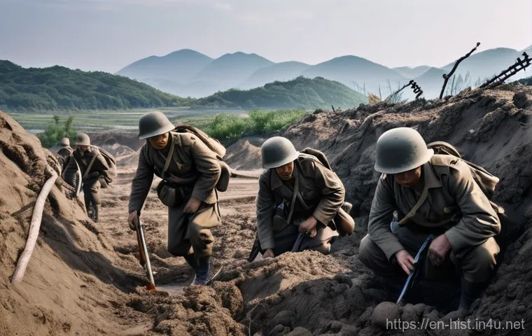 6 25 전쟁과 한반도 분단 - **Prompt:** A historical scene depicting Korean civilians, men and women of varying ages, standing s...