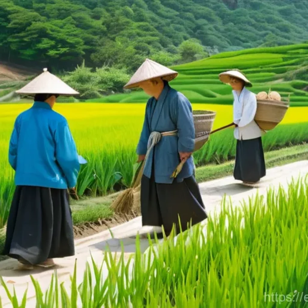 조선 후기 실학과 경제 개혁 - **Prompt:** A tranquil and prosperous Joseon countryside scene, depicting farmers of various ages, d...