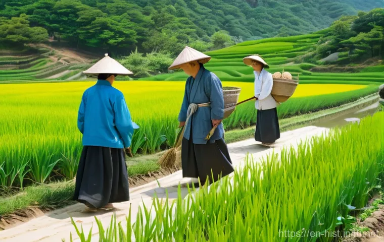 조선 후기 실학과 경제 개혁 - **Prompt:** A tranquil and prosperous Joseon countryside scene, depicting farmers of various ages, d...