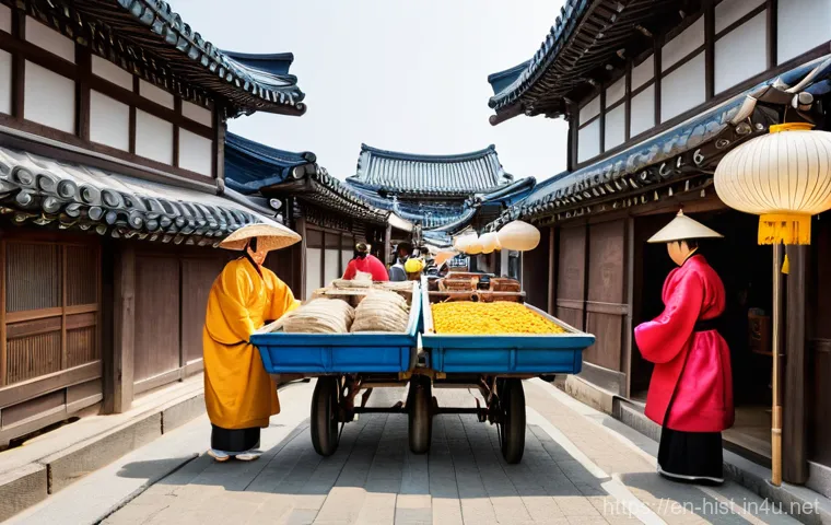 조선 후기 실학과 경제 개혁 - **Prompt:** A tranquil and prosperous Joseon countryside scene, depicting farmers of various ages, d...