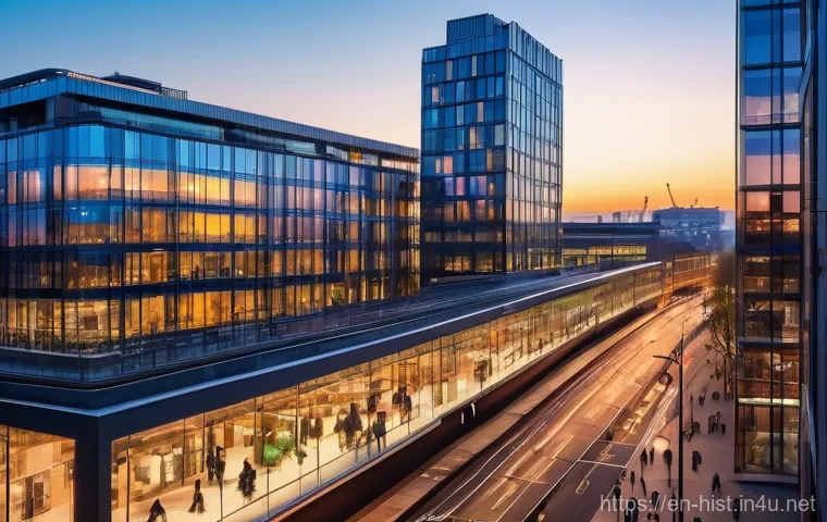 유럽연합 형성과 경제적 영향 - A bustling, modern European cityscape at sunrise, showcasing architectural diversity from historic b...