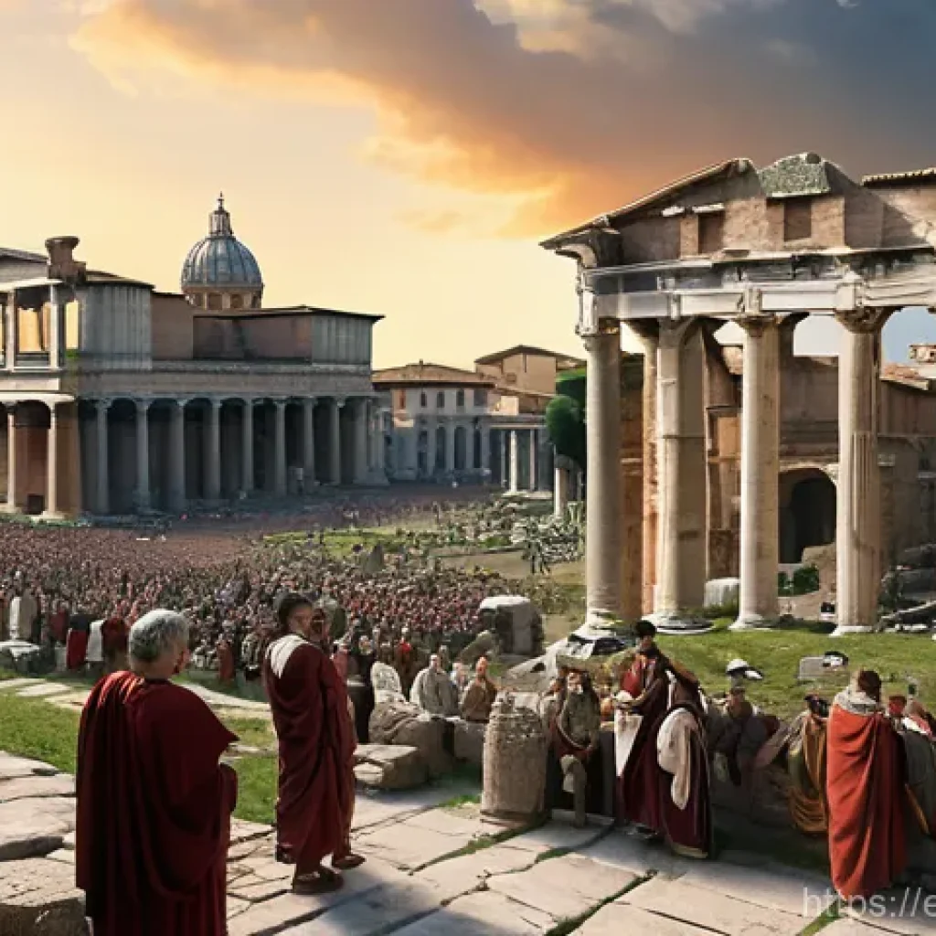 로마 공화정과 제정의 차이 - **Prompt:** A bustling scene in the Roman Forum during the Republic. Hundreds of Roman citizens, pre...