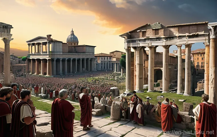 로마 공화정과 제정의 차이 - **Prompt:** A bustling scene in the Roman Forum during the Republic. Hundreds of Roman citizens, pre...