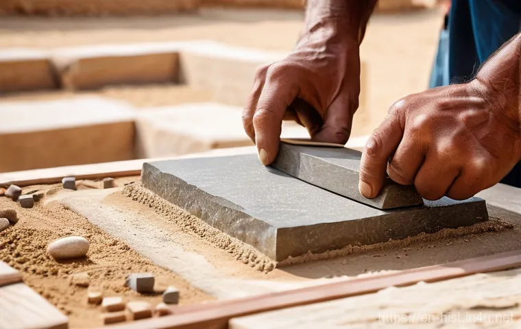 피라미드 건설과 고대 이집트 노동 - **Prompt: Coordinated Effort on the Pyramid Site**
    A dynamic, medium-shot image focusing on a gr...