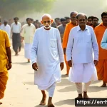 인도의 독립과 간디의 비폭력 운동 - **Prompt:** "A serene yet determined depiction of Mahatma Gandhi, an elderly man with a bald head, r...