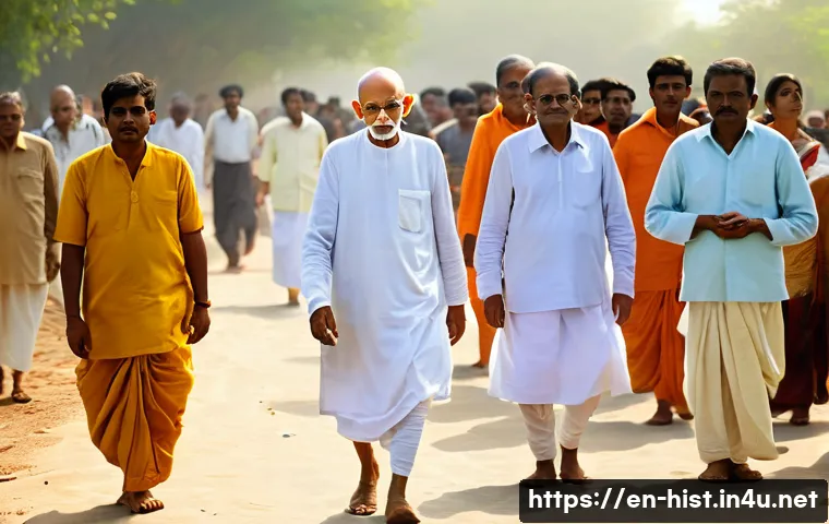 인도의 독립과 간디의 비폭력 운동 - **Prompt:** "A serene yet determined depiction of Mahatma Gandhi, an elderly man with a bald head, r...