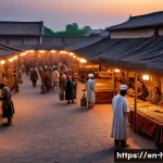 청동기 시대와 국가 형성 - A bustling Bronze Age trade center at sunset, featuring a large open marketplace with merchants exch...