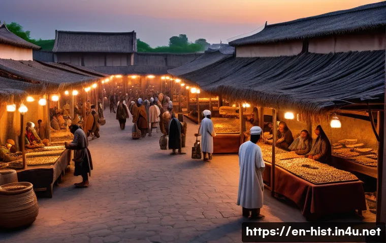 청동기 시대와 국가 형성 - A bustling Bronze Age trade center at sunset, featuring a large open marketplace with merchants exch...