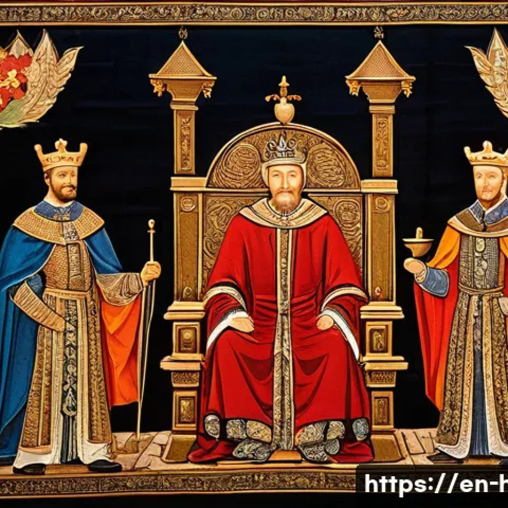 크루세이더 킹즈 역사적 고증 - A detailed medieval throne room scene depicting a noble ruler surrounded by advisors and vassals, ea...