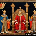 크루세이더 킹즈 역사적 고증 - A detailed medieval throne room scene depicting a noble ruler surrounded by advisors and vassals, ea...