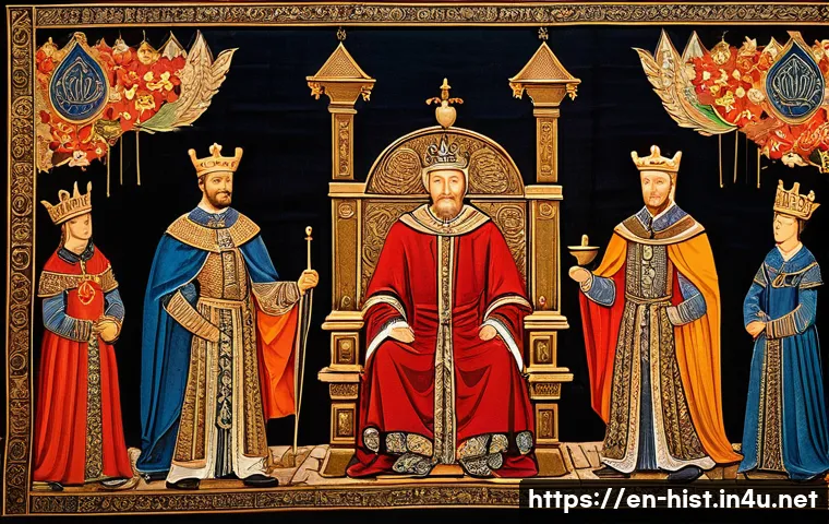 크루세이더 킹즈 역사적 고증 - A detailed medieval throne room scene depicting a noble ruler surrounded by advisors and vassals, ea...