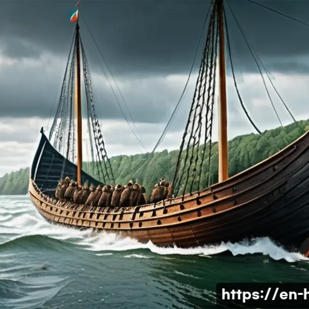 바이킹과 중세 유럽 - A detailed scene of a Viking longship cutting through turbulent ocean waves under a cloudy sky, show...