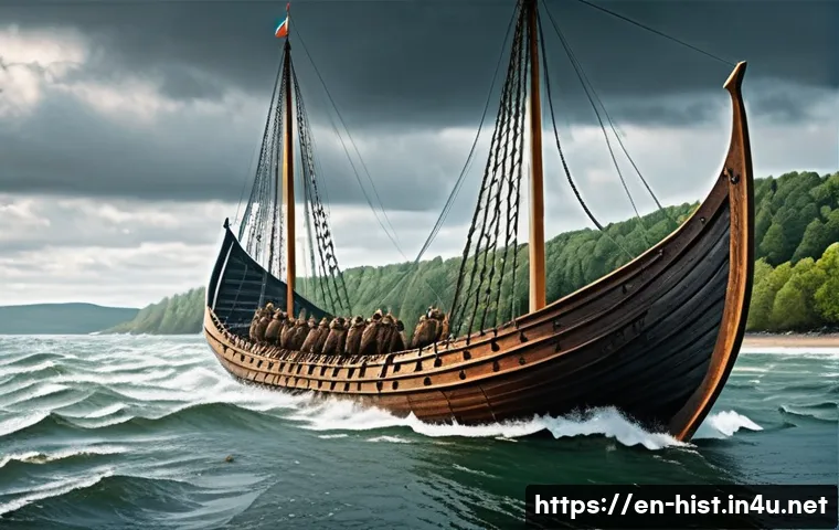 바이킹과 중세 유럽 - A detailed scene of a Viking longship cutting through turbulent ocean waves under a cloudy sky, show...