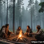 구석기와 신석기 시대 생활상 비교 - A detailed scene of a small Paleolithic hunter-gatherer group in a dense forest clearing at dawn, fe...