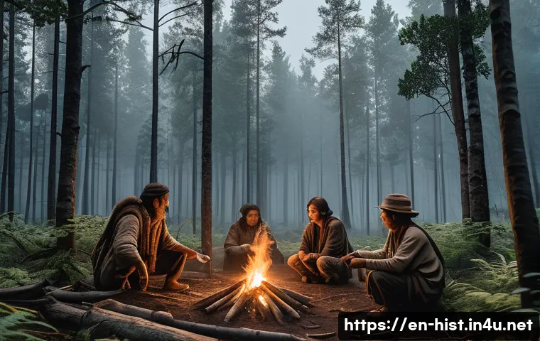 구석기와 신석기 시대 생활상 비교 - A detailed scene of a small Paleolithic hunter-gatherer group in a dense forest clearing at dawn, fe...