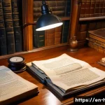 역사 연구 방법론 - A detailed scene of a historian’s study room filled with original historical documents such as aged ...