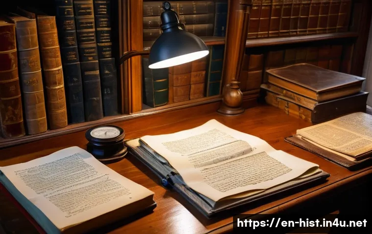 역사 연구 방법론 - A detailed scene of a historian’s study room filled with original historical documents such as aged ...