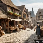 흑사병과 유럽 경제 구조 변화 - A bustling medieval town market scene in late 14th century Europe, illustrating urban growth after t...