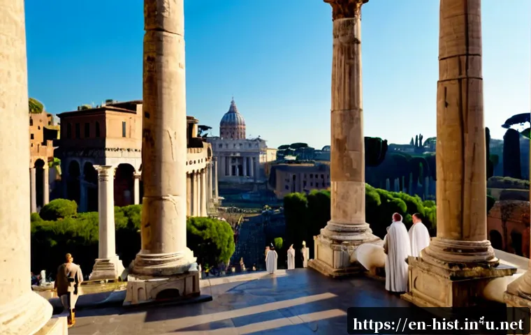 로마제국 흥망사 - Photorealistic cinematic reconstruction of ancient Rome at its height, wide view from a marble terra...